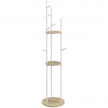 HOMCOM Porte-manteaux sur pied meuble d'entrée en acier avec 9 crochets et 2 étagères rondes Ø 40 x 167 cm naturel et blanc