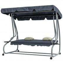 Outsunny Balancelle de Jardin 3 Places Convertible Toit Inclinaison réglable 2 tablettes Support 2L x 1,2l x 1,64H m métal époxy Noir Polyester Gris