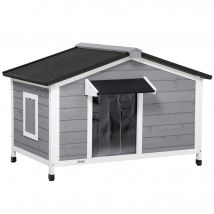 PawHut niche pour chien en bois toit bitumé ouvrant avec pieds surélevés et 2 fenêtres 109 x 79 x 72 cm gris   Aosom France