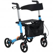 HOMCOM Déambulateur pliant avec siège et dossier 4 roues pliable réglable avec sac de rangement freins à main bleu et noir