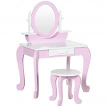 ZONEKIZ Coiffeuse enfant table de maquillage avec tabouret miroir et tiroir 65,5 x 46 x 93 cm bicolore rose et blanc   Aosom France