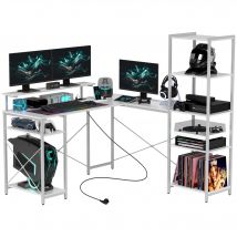 HOMCOM Bureau d'angle, en forme de L avec prise intégrée, support d'écran et étagère de rangement, blanc