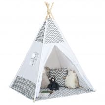 HOMCOM Tente Teepee Indien Tente de jeu pour Enfant  1,2L x 1,2I x 1,55H m - Porte refermable Fenêtre Tapis Coussin Sac Transport Inclus Gris Blanc