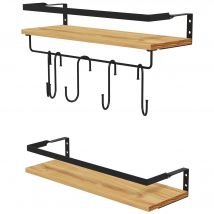 HOMCOM Lot de 2 étagères murales avec 6 crochets amovibles et tringle, style industriel pour cuisine, salle de bain, bois acier