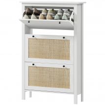 HOMCOM Meuble à chaussures étagère à chaussures armoire 3 portes abattants effet cannage rotin - en bois bois naturel