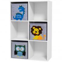 ZONEKIZ Étagère Enfant 6 Casiers + 3 Paniers Tissu Motifs Animaux Rangement Blanc   Aosom France