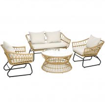 Outsunny Salon de jardin 4 pièces en résine tressée canapé 2 places + 2 fauteuils + 1 table basse sable et crème   Aosom France