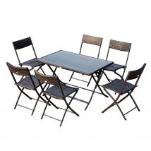 Outsunny Salon de Jardin Bistrot Pliable 7 Pièces Table Rectangulaire Pliable + 6 Chaises Pliantes Résine Tressée PC Chocolat