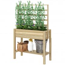Outsunny Jardinière sur pieds, carré potager de jardin sur pieds avec treillis et étagère, en bois, 88 x 37 x 137 cm bois naturel
