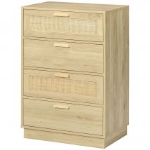 HOMCOM Commode design bohème en rotin avec 4 tiroirs, meuble de rangement pour le salon, le couloir, l'entrée, bois naturel