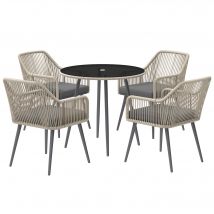 Outsunny Salon de jardin extérieur en résine tressée 4 places - coussins et table ronde en verre, pour terrasse, jardin, marron