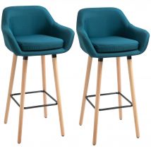 HOMCOM Tabourets de Bar Design scandinave - Lot de 2 tabourets de Bar Grand Confort avec Repose-Pieds et accoudoirs - Bois d'hévéa Lin bleu