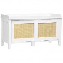 HOMCOM Banc à chaussures meuble de rangement avec porte coulissante et façades rotin tissé 80 x 35 x 45 cm blanc