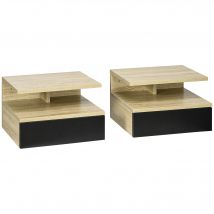 HOMCOM Lot de 2 Tables de Chevet murales - Lot de 2 Tables de Nuit - tiroir Coulissant, Niche, Plateau - Noir Chêne