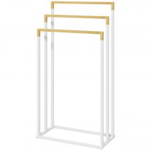 kleankin Porte-serviettes en bambou et acier sur pieds avec 3 barres support pour serviette 45 x 22,5 x 86 cm blanc et naturel