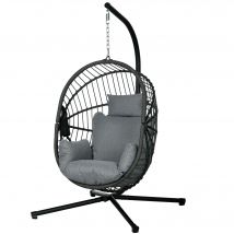 Outsunny Fauteuil œuf suspendu, chaise hamac balançoire intérieur et extérieur, panier pliable, coussin rembourré, gris