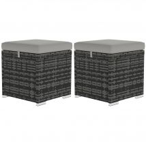 Outsunny Lot de 2 tabourets avec espace de rangement en rotin PE repose-pied de jardin avec coussin 40 x 40 x 41 cm, gris clair