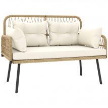 Outsunny Canapé de jardin avec coussins et oreillers 2 places en résine tressée, canapé d'extérieur avec accoudoirs bois naturel