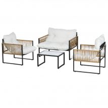 Outsunny Ensemble salon de jardin 4 pièces canapé 2 places 2 fauteuils et 1 table basse plateau verre trempé 3 coussins - crème
