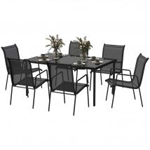 Outsunny Ensemble de jardin 6 pers. 6 chaises empilables table plateau verre trempé 5 mm métal époxy gris textilène noir