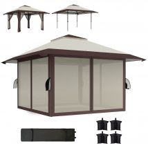 Outsunny Pavillon de jardin 4 x 4 m, Tente de jardin avec parois en filet, Protection UPF50+, Pavillon de fête ajustable en hauteur, Beige