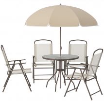 Outsunny Gartenmöbelset 6-teilig - Runder Tisch + 4 klappbare Stühle + Sonnenschirm - Epoxidbeschichteter Stahl in Braun Textilene Polyester in Beige   Aosom