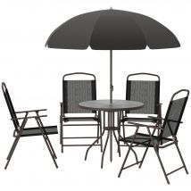 Outsunny Gartenmöbel-Set, 6-teilig - Runder Tisch + 4 klappbare Stühle + Sonnenschirm - Epoxidbeschichteter Stahl Kaffee Textilene Polyester Schwarz   Aosom