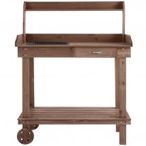 Outsunny Table de plantation avec tiroir 2 étages Table de jardinage avec évier et roues Jardin Bois de sapin Marron 92 x 45 x 119 cm