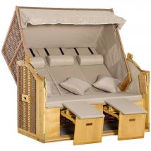 Outsunny Panier de Plage 3 Places Transat avec Toit 2 Tables Pliantes Repose-pied Chaise Longue Dossier Réglable XXL Rotin Synthétique Naturel 150 x 79 x 160 cm