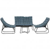 Outsunny Ensemble de meubles de jardin 4 places, 2 chaises, 1 canapé double, 1 table avec une surface en verre, coussins épais, cadre en acier, pour terrasse, Gris