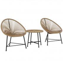 Outsunny Ensemble de meubles de jardin 3 pièces, 2 chaises en rotin plastique, 1 table avec plateau en verre, cadre en acier, mobilier de jardin extérieur, Marron clair