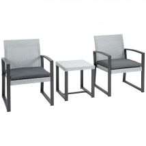 Outsunny Ensemble de sièges en polyrattan pour 2 personnes Ensemble de mobilier de balcon avec table basse avec coussins d'assise en acier Noir + Gris