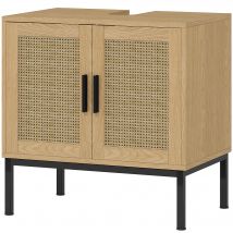 kleankin Meuble sous lavabo de salle de bain, design boho, meuble de salle de bain, éléments en rotin, avec découpe en forme de U, Chêne