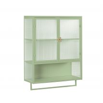 Armoire murale moderne avec portes en verre, deux niveaux de rangement fermé, avec étagère ouverte et porte-serviettes, 60×23×78 cm, Vert