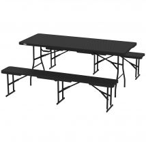 Outsunny Ensemble table pliante et bancs de pique-nique 180 cm avec poignées de transport, table et banc pliable effet rotin noir