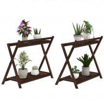 Outsunny Lot de 2 support plantes intérieur 2 niveaux étagères à plants avec support arrière 73 x 36 x 64 cm marron