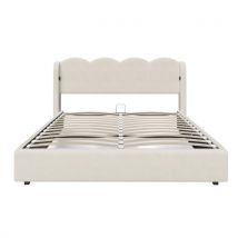Cadre de lit rembourré avec tête de lit ondulée, 160x200 cm, espace de rangement hydraulique, sans matelas, Beige