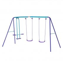Outsunny Portique balancoire exterieur 3 en 1 avec 1 balançoire face à face et 2 sièges de balancelle, pour enfants 3+ans, violet