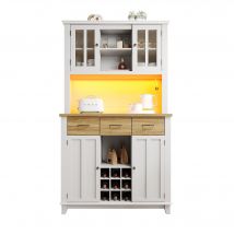 Meuble pour cuisine, Meuble de cuisine avec éclairage LED, étagères réglables et casier à vin, 106×40×179,5 cm, Naturel+Blanc   Aosom France