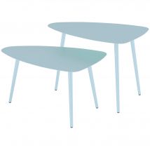 Outsunny Lot de 2 tables basses de jardin, tables d'appoint gigognes triangulaires, cadre en acier patins ajustables bleu clair
