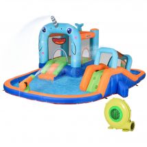 Outsunny Aufblasbares Schloss aufblasbare Spielstruktur mit Wasserpistole Rutsche Trampolin Pool + 3-8 Jahre mit Gebläse und Transporttasche 420 x 370 x 230 cm - bunt   Aosom