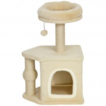 PawHut Arbre à Chat Hauteur 66 cm Tour à Chat avec Lit Grotte Plateforme Balle Suspendue et Poteau en Jute Beige