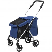 PawHut Poussette pour chiens, Transport léger et pliable pour petits chiens, coussin lavable, fenêtre en filet, Bleu foncé