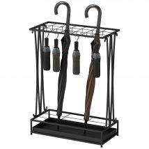 HOMCOM Porte-Parapluie Moderne en Acier avec 21 Espaces et 24 Crochets Plateau Collecteur d'Eau Amovible pour Entrée 50x24x68 cm Noir
