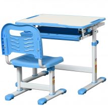 HOMCOM Banc d'École pour Enfants 6-12 Ans avec Chaise Réglable, Tiroir et Plateau Inclinable, 66x47x52-77 cm, Bleu