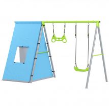 AIYAPLAY Balançoire pour Enfants 3 en 1 avec Tente Anneaux et Hauteur Ajustable pour Enfants de 3-8 Ans Structure Métallique 283x180x182 cm