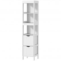 HOMCOM Armoire de Salle de Bain, Étagère de Salle de Bain Compacte avec 2 Tiroirs et 3 Étagères Ouvertes, Meuble de Salle de Bain Autoportant, MDF, Blanc