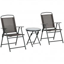 Outsunny Ensemble Bistro 3 pièces en Métal Résistant aux Intempéries Set de Mobilier de Jardin avec Table Pliante en Verre Chaises Marron