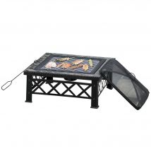 Outsunny 3-en-1 Foyer Mangeoire Brasero avec Grille Pare-étincelles Seau à Glace Jardin BBQ Noir 76cm x 76cm x 47cm