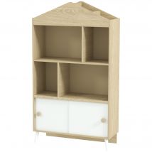 AIYAPLAY Libreria per Bambini en Bois avec Étagères Ouvertes et Casier Inférieur, 80x30x140.5 cm, Blanc et Bois Naturel